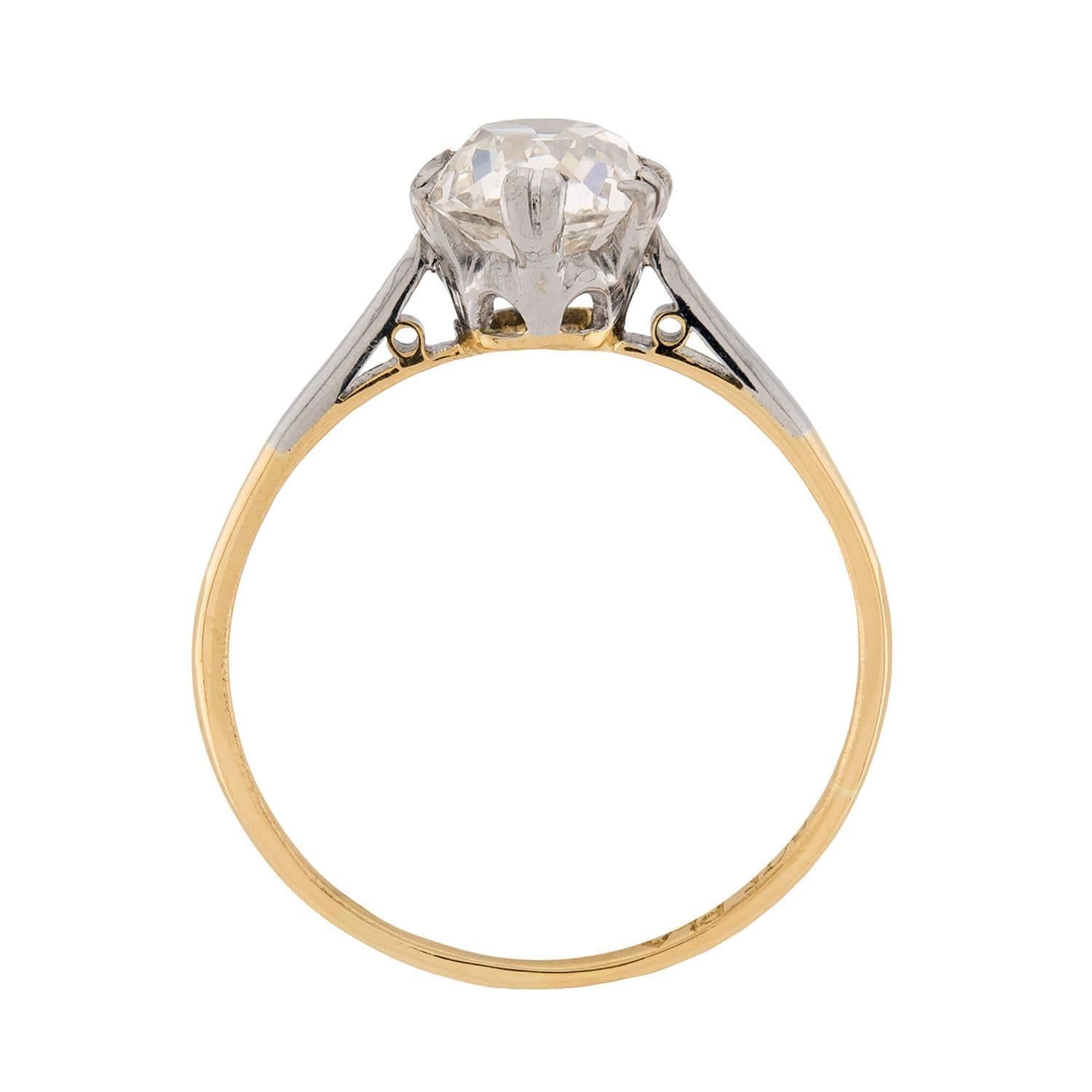 Taglio vecchia miniera Anello di fidanzamento con diamante edoardiano in platino e 18k 1,30ct in vendita