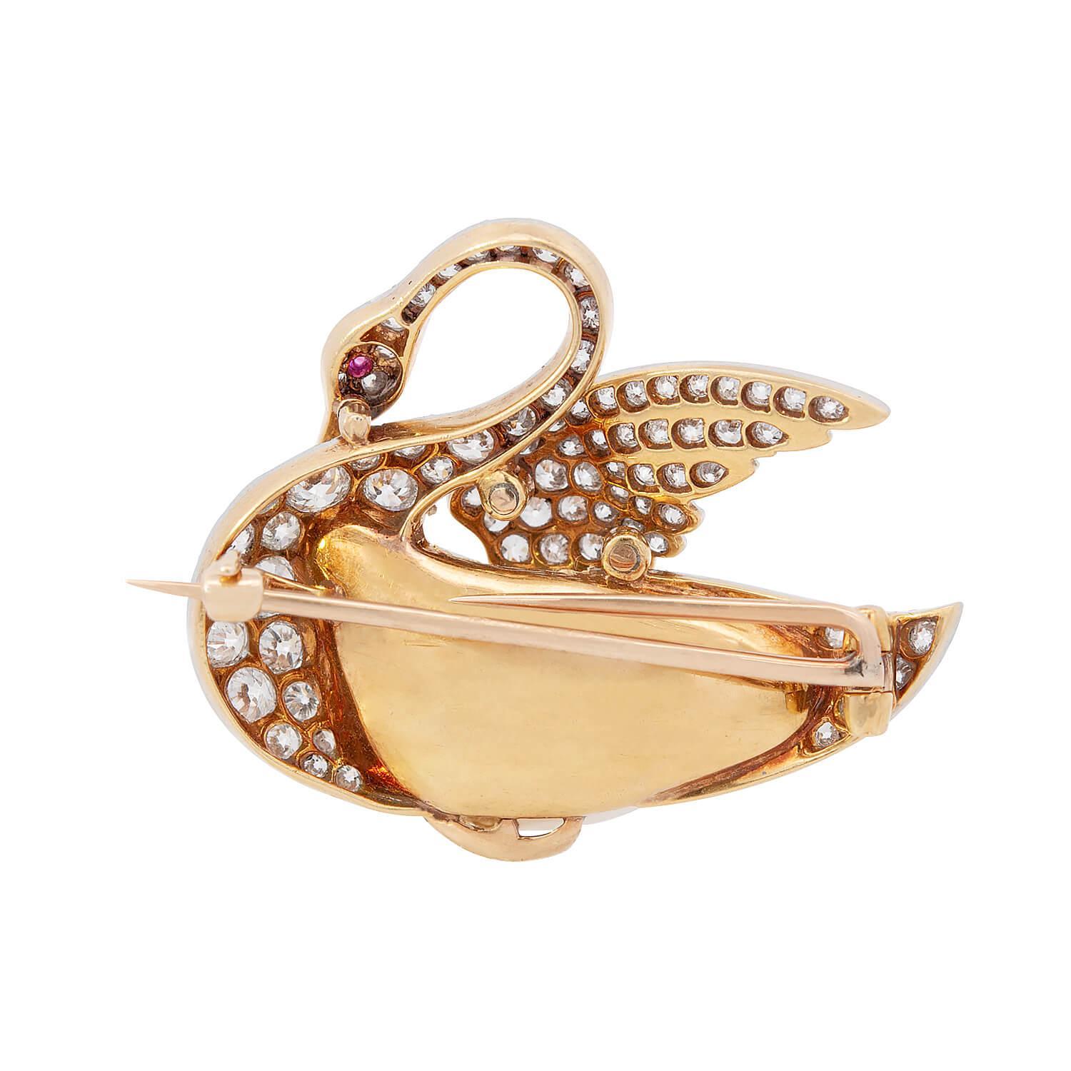 Round Cut Edwardian 18k/Platinum Diamond, Pearl, and Ruby Swan Pin For Sale