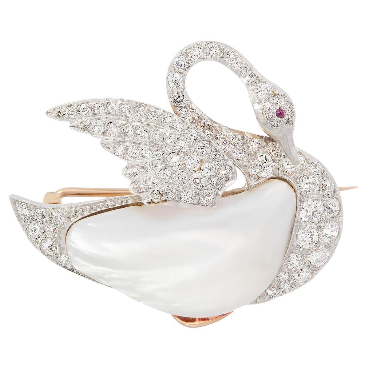 Edwardian 18k/Platinum Diamond, Pearl, and Ruby Swan Pin