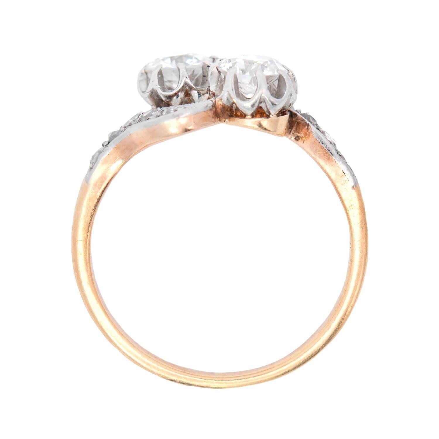 Round Cut Edwardian 18k/Platinum Moi et Toi Bypass Diamond Ring For Sale