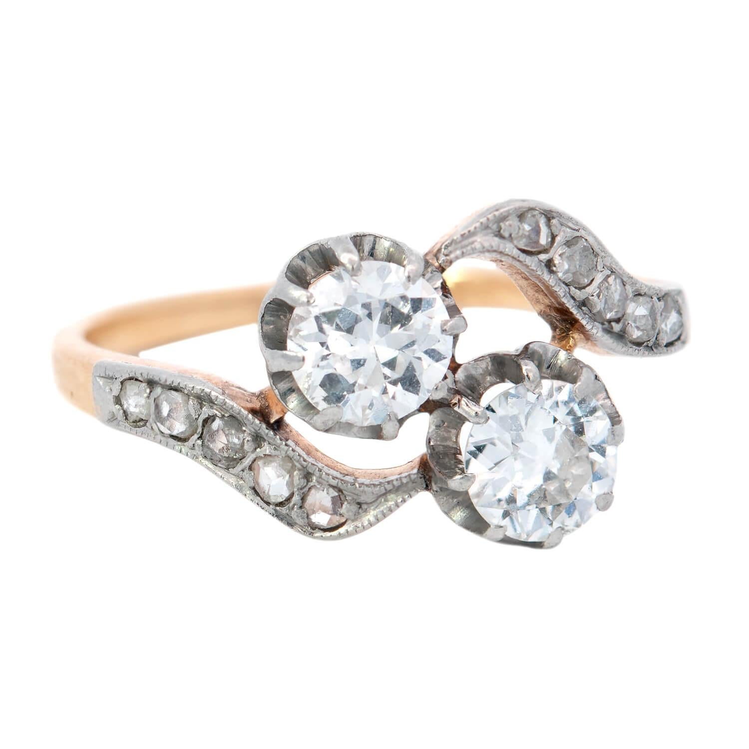 Women's Edwardian 18k/Platinum Moi et Toi Bypass Diamond Ring For Sale