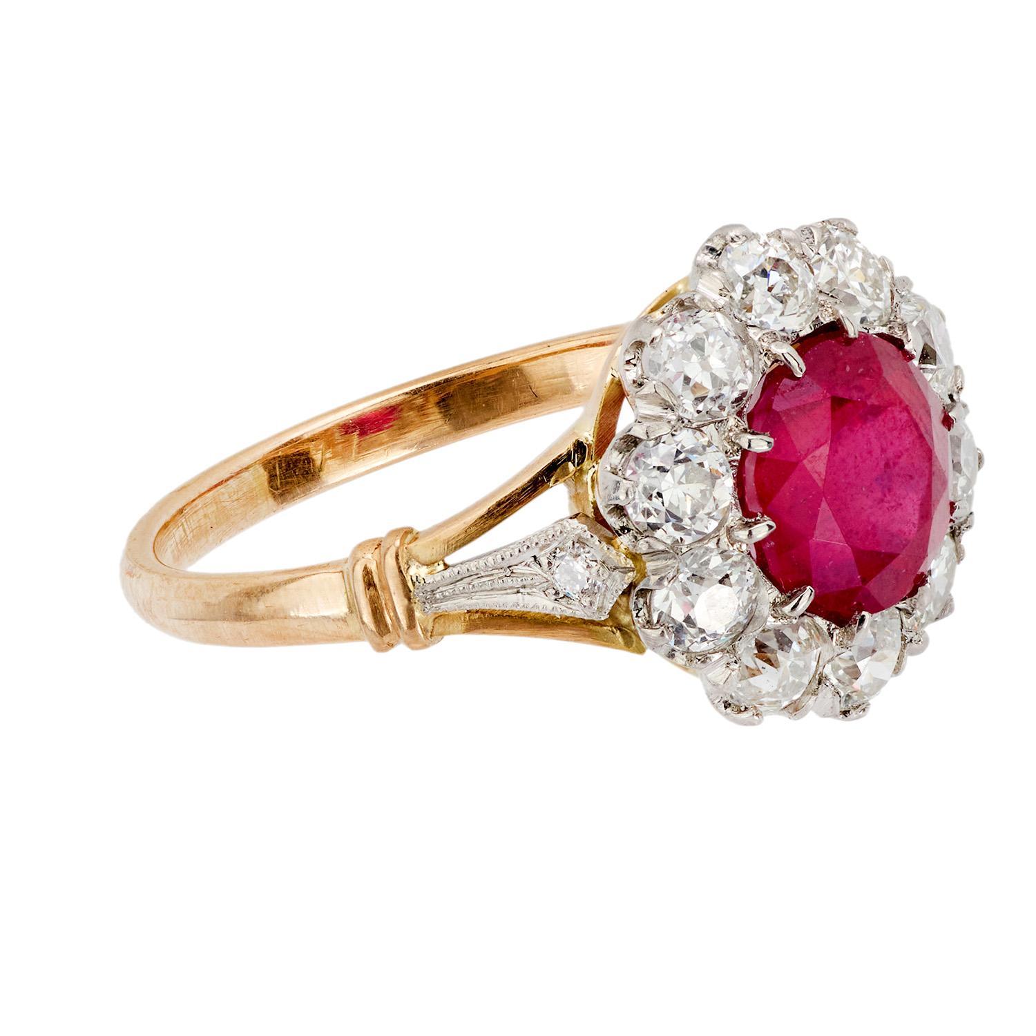 Round Cut Edwardian 18k/Platinum Ruby and Diamond Halo Ring For Sale