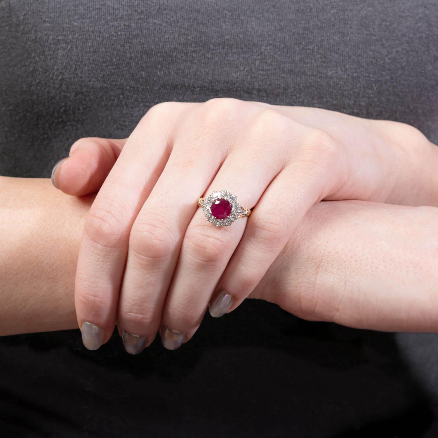 Women's Edwardian 18k/Platinum Ruby and Diamond Halo Ring For Sale