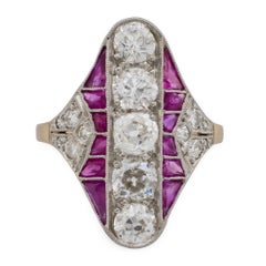 Edwardian 18k/Platinum Ruby & Diamond Navette Ring