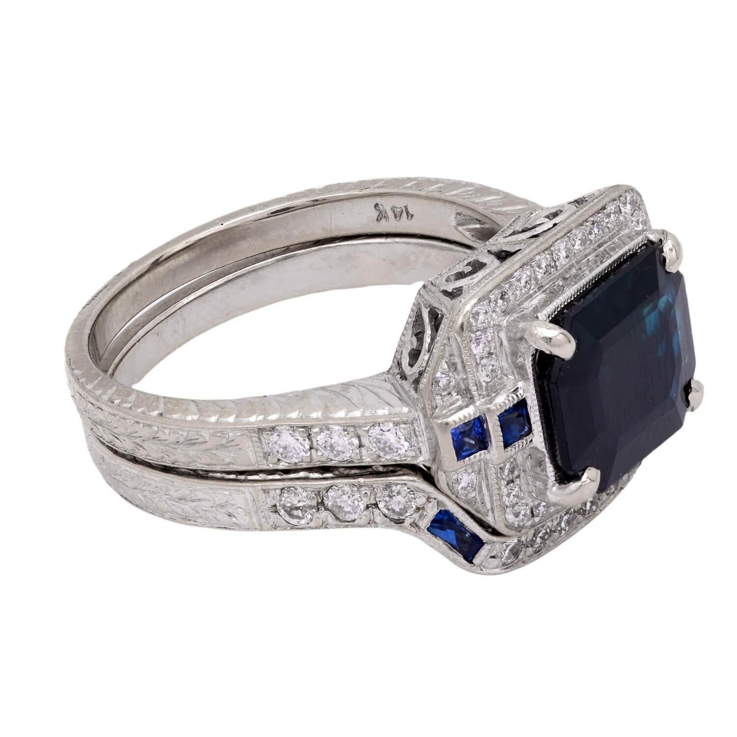 Edoardiano Anello Edwardiano a raggiera con zaffiro e diamante, 18k/platino in vendita
