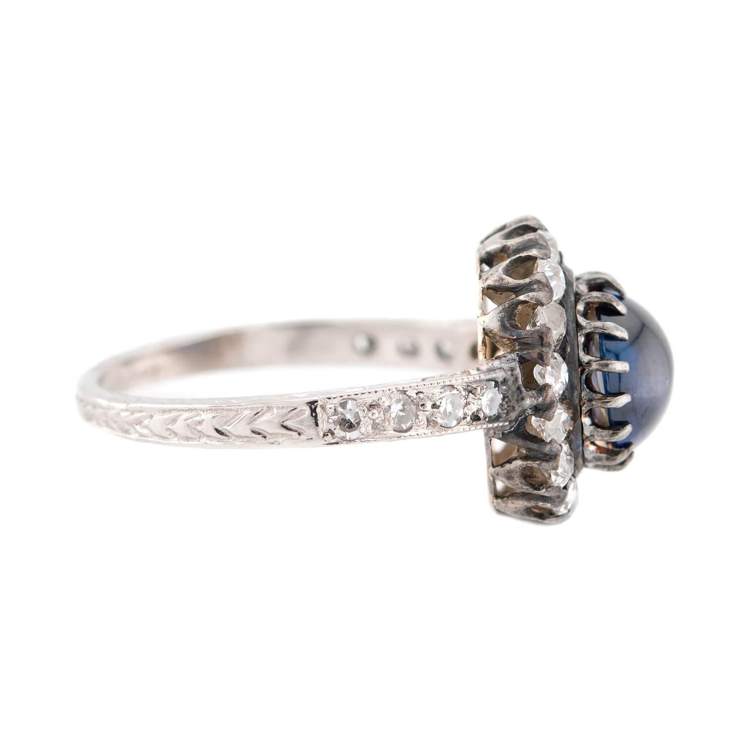 Cabochon Edwardian 18k/Platinum Sapphire & Diamond Halo Ring For Sale