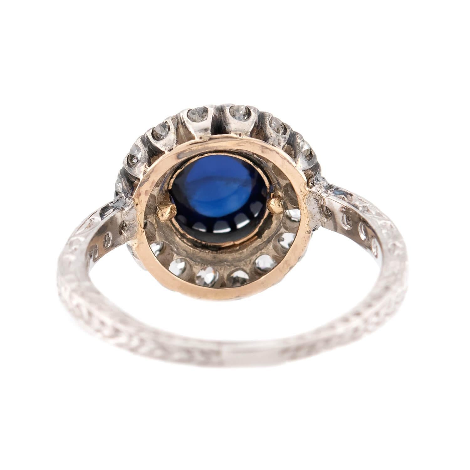 Women's Edwardian 18k/Platinum Sapphire & Diamond Halo Ring For Sale