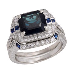 Anello Edwardiano a raggiera con zaffiro e diamante, 18k/platino