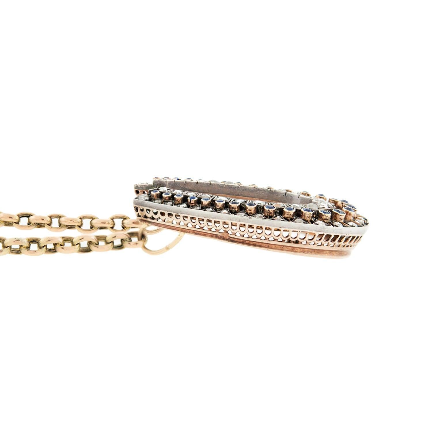 Women's Edwardian 18k/Platinum Sapphire + Rose Cut Diamond Horseshoe Pendant Necklace For Sale