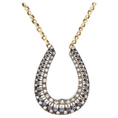 Antique Edwardian 18k/Platinum Sapphire + Rose Cut Diamond Horseshoe Pendant Necklace