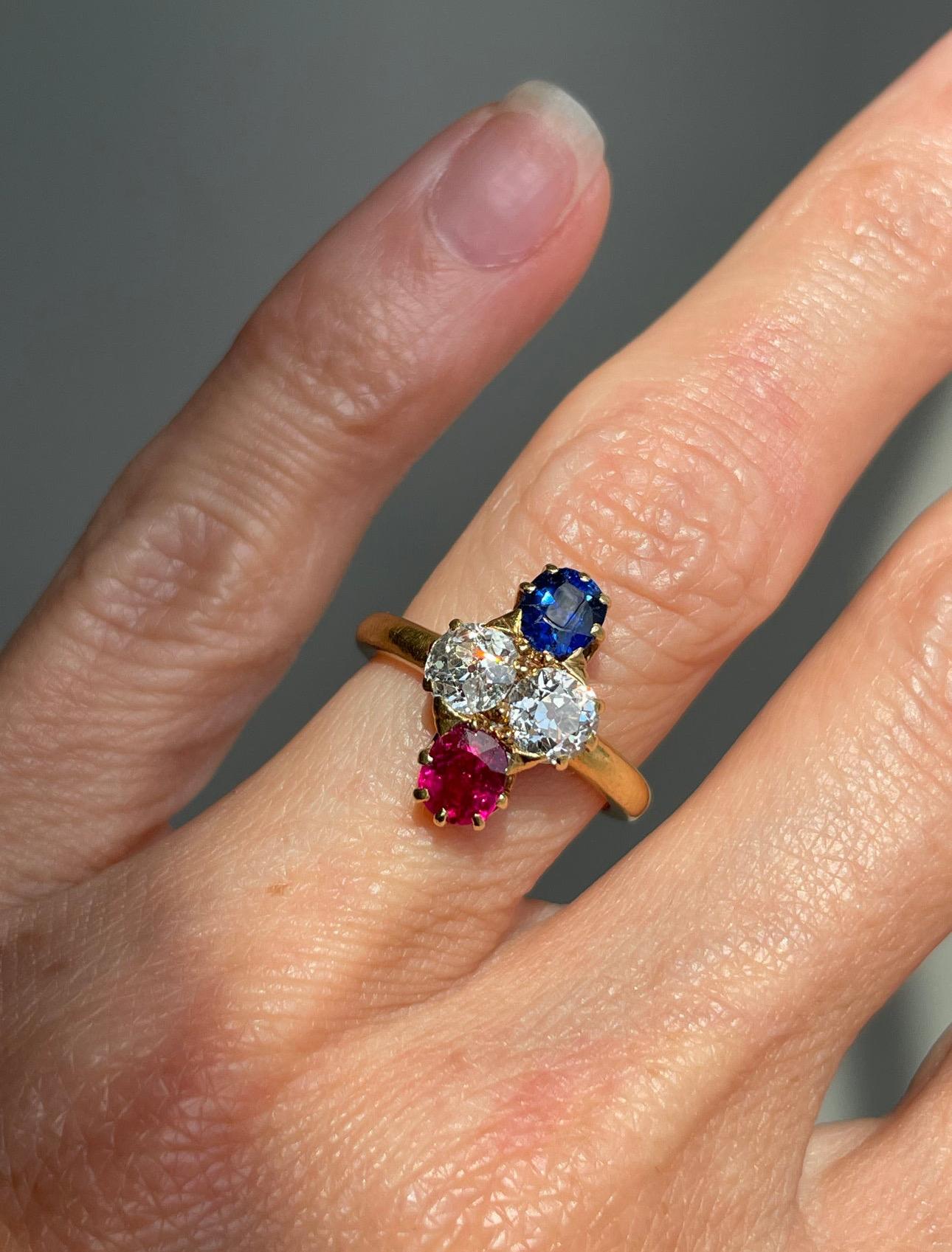 Oval Cut Edwardian 18K Sapphire, Diamond and Burmese Ruby Quatrefoil Ring - AGL For Sale