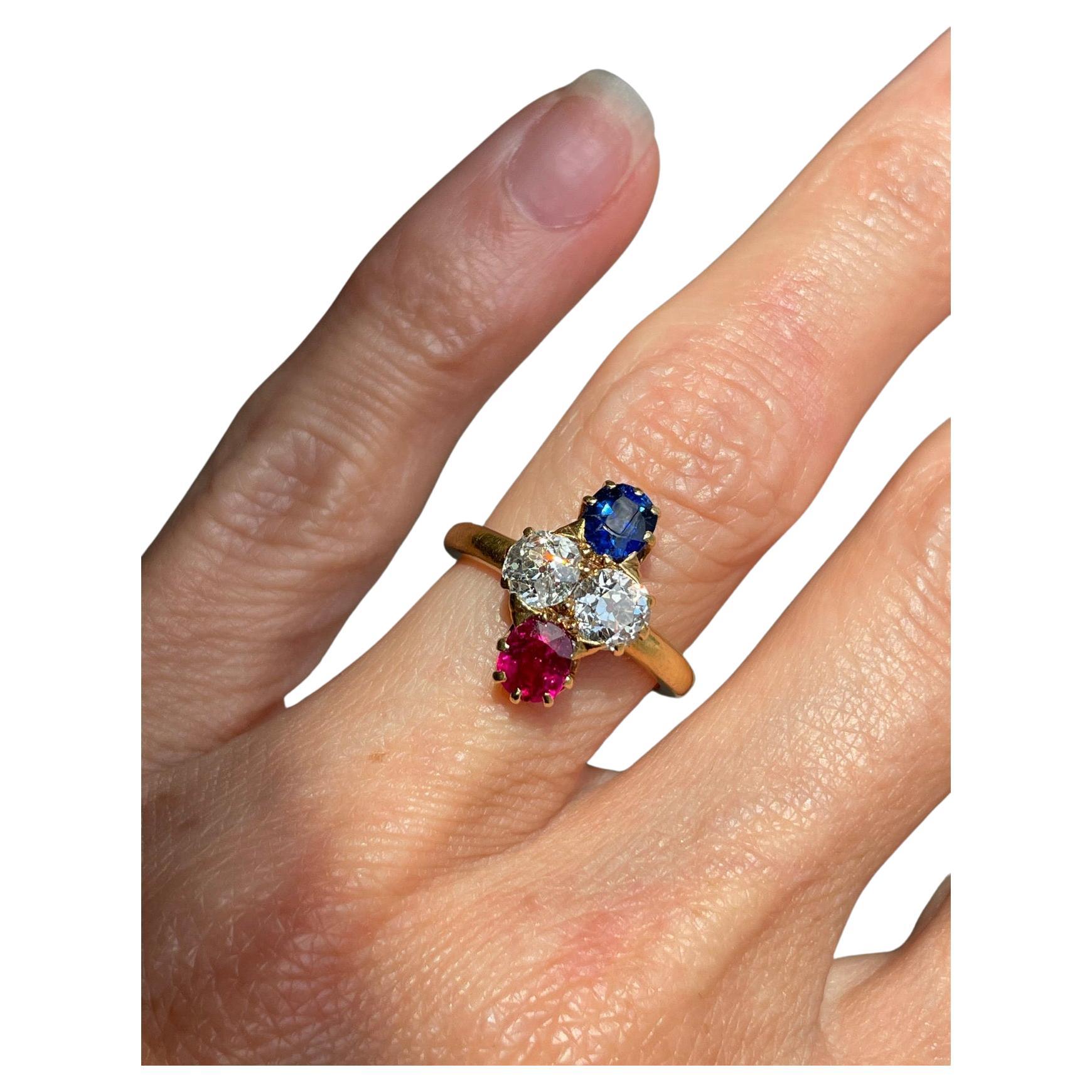 Edwardian 18K Sapphire, Diamond and Burmese Ruby Quatrefoil Ring - AGL For Sale