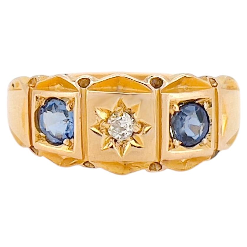 Edwardian 18K Sapphire & Old Mine Cut Diamond Celestial Star Ring, Size 7 For Sale