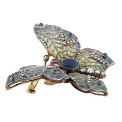 Edwardian 18k/Sterling Plique-À-Jour Sapphire, Ruby, & Diamond Butterfly Brooch