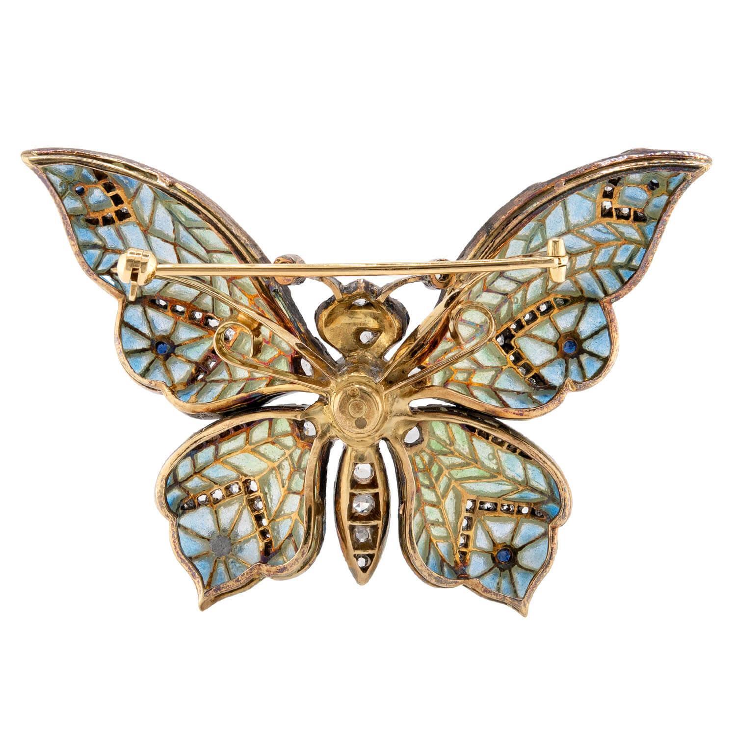 Edwardian 18k/Sterling Plique-À-Jour Saphir, Rubin, & Diamant Schmetterling Brosche im Zustand „Gut“ im Angebot in Narberth, PA