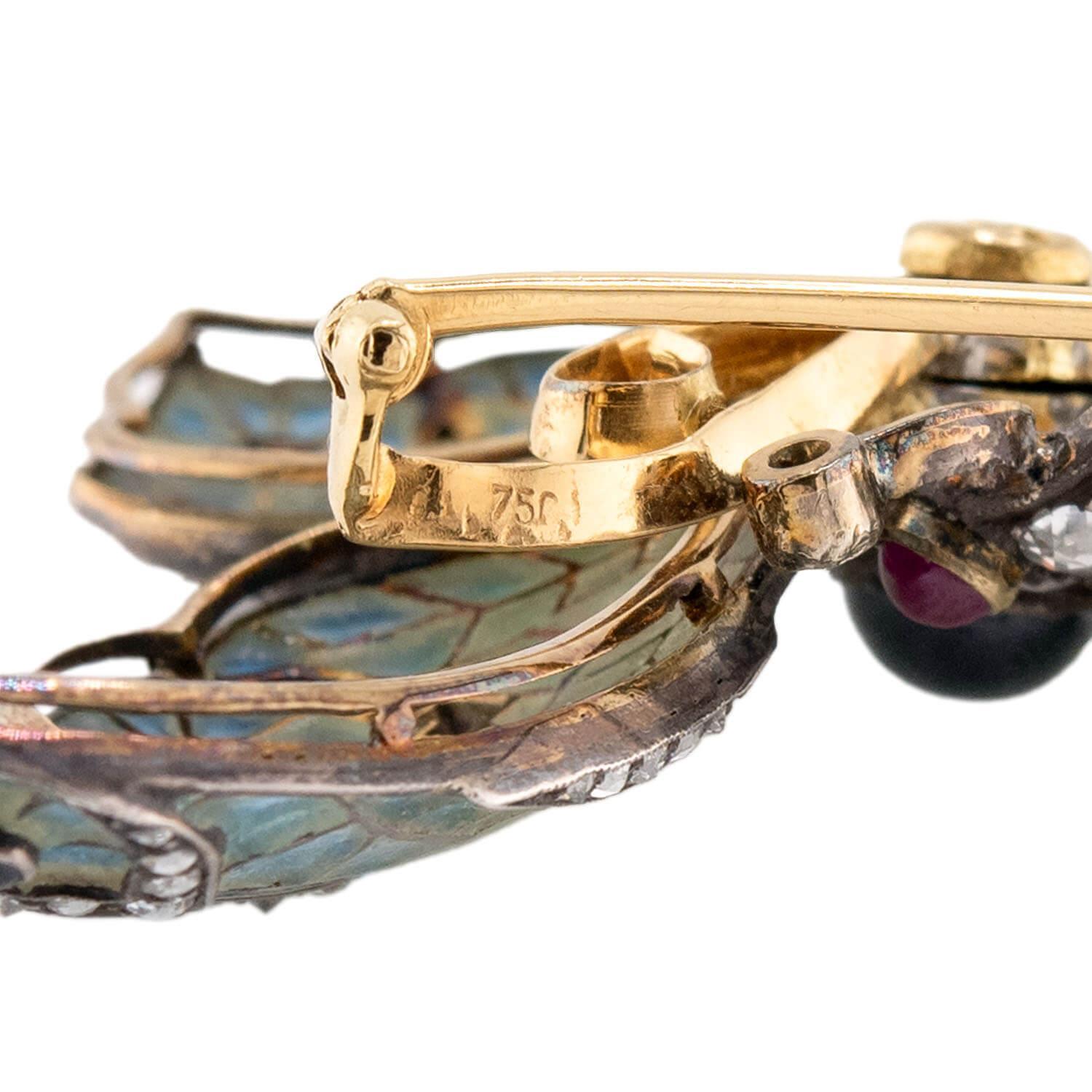 Edwardian 18k/Sterling Plique-À-Jour Saphir, Rubin, & Diamant Schmetterling Brosche Damen im Angebot