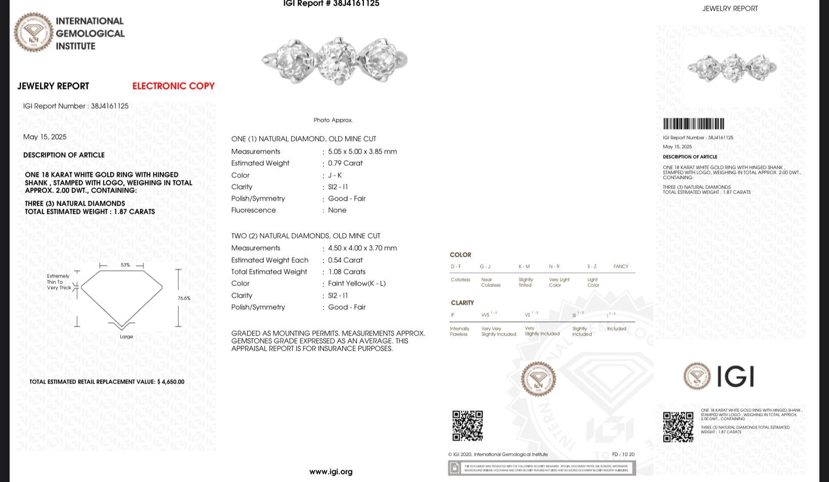 Taille vieille mine Edwardian 18K White Gold 3-Stone Diamond Ring 1.87 Carats Old Mine Cuts en vente