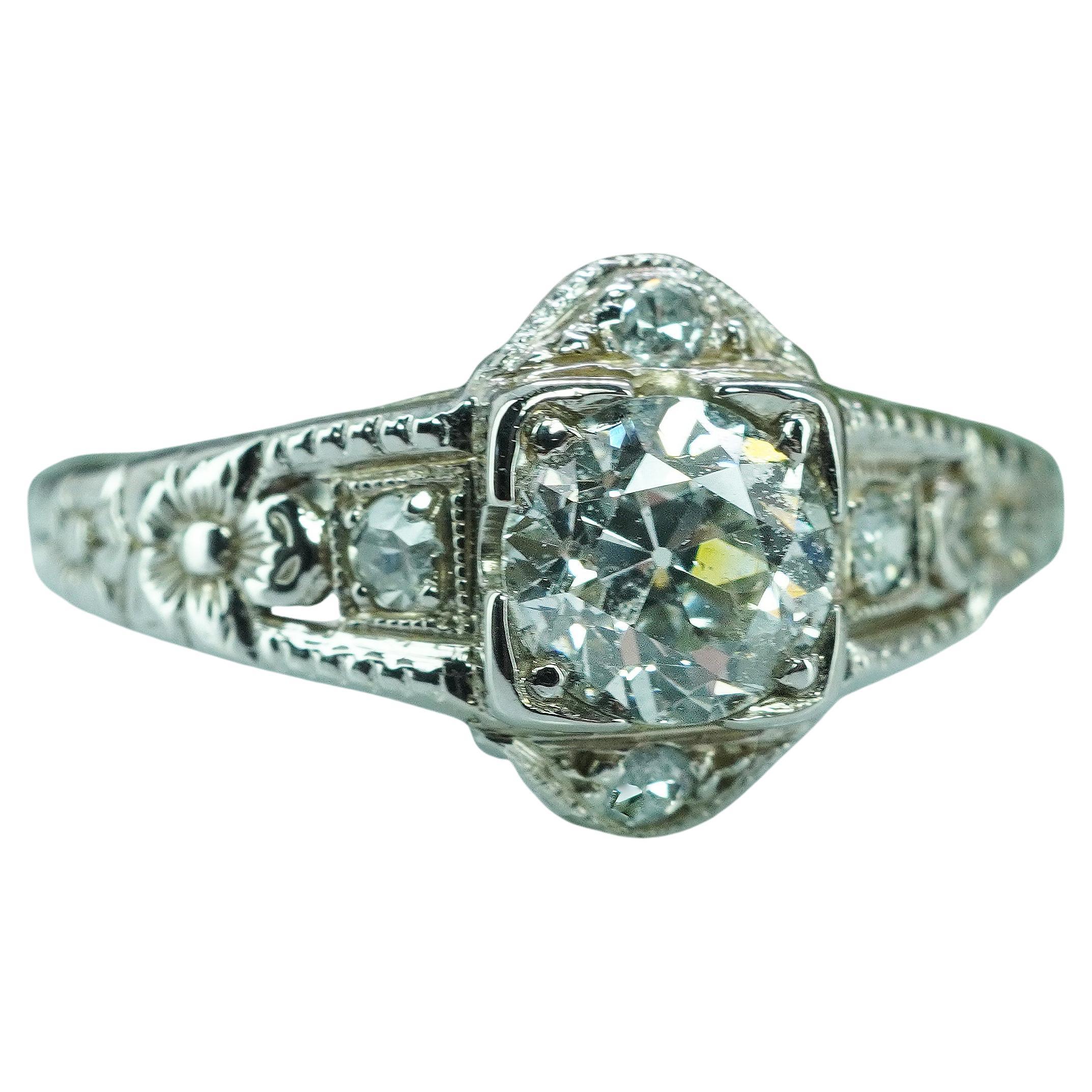 Anello edoardiano in oro bianco 18 carati con diamante antico di proprietà da 0,67 ct. in vendita