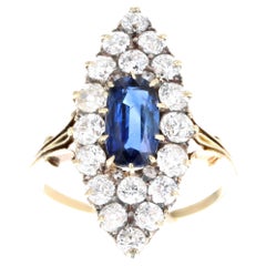 Antique  Edwardian 18K Yellow Gold 1.25 Carat Ceylon Blue Sapphire Diamond Navette Ring