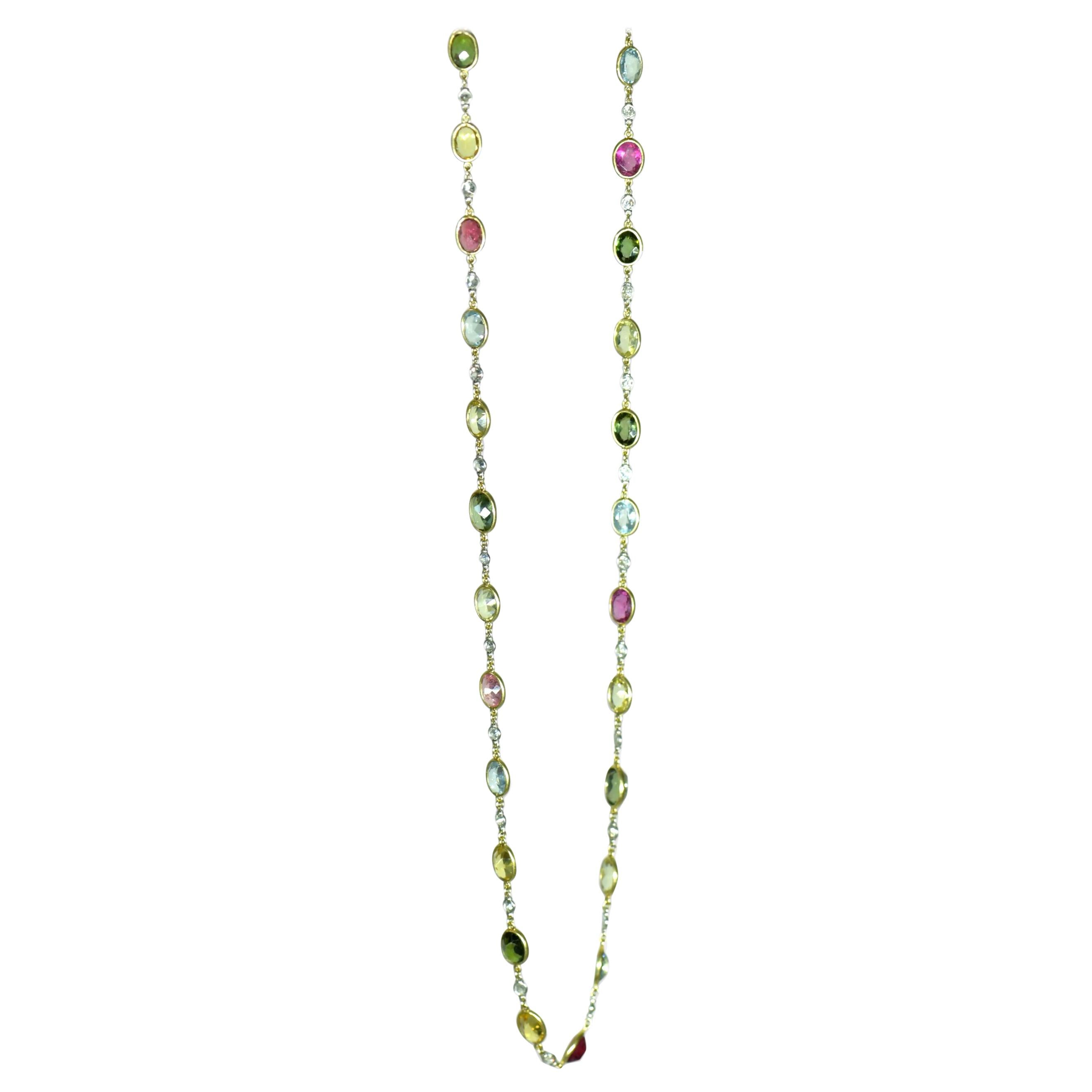 14K Yellow Gold Multi-Color Gemstone Necklace 18 Inches