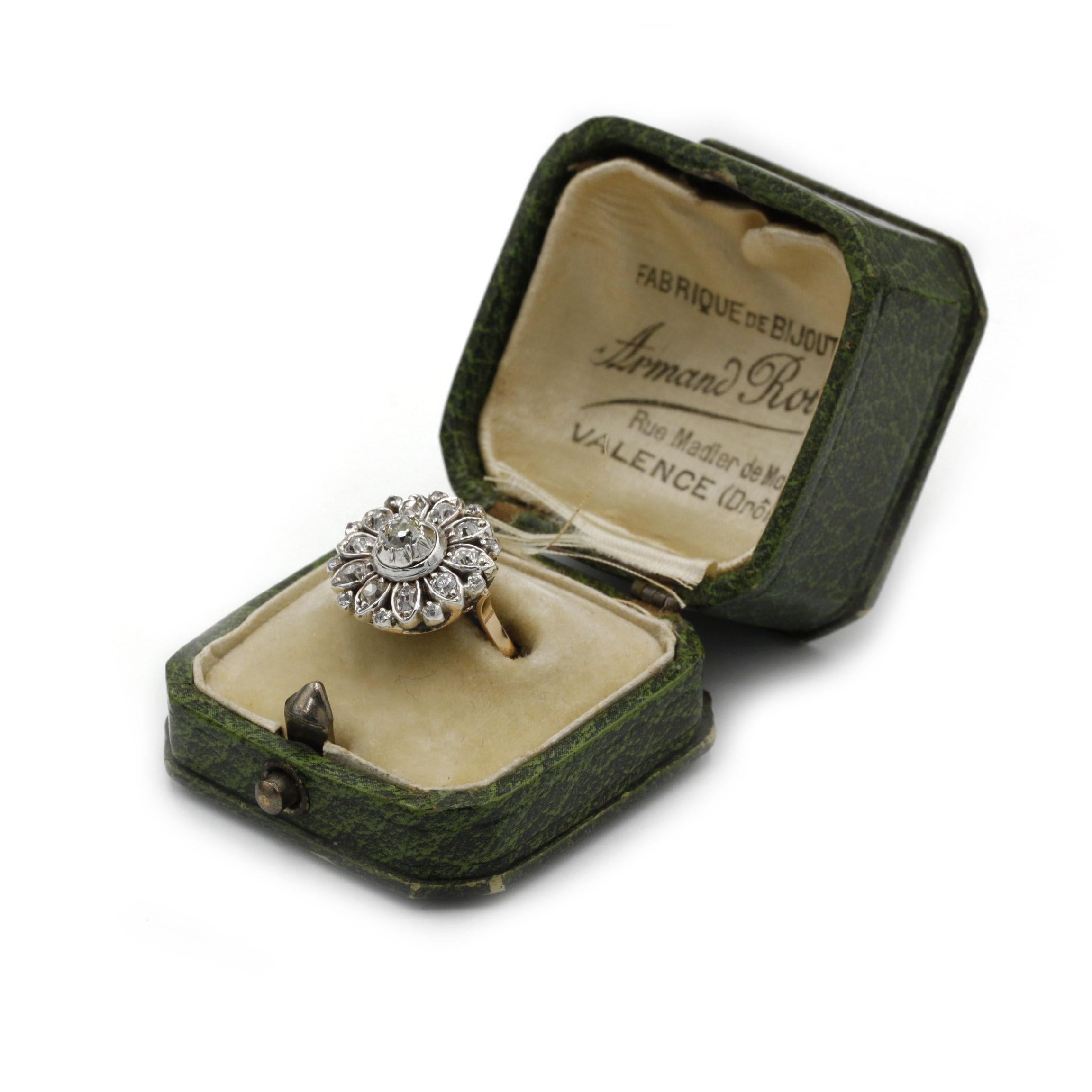 Old European Cut Edwardian 18K Yellow Gold Old European–Cut Diamond Floral Cluster Ring For Sale