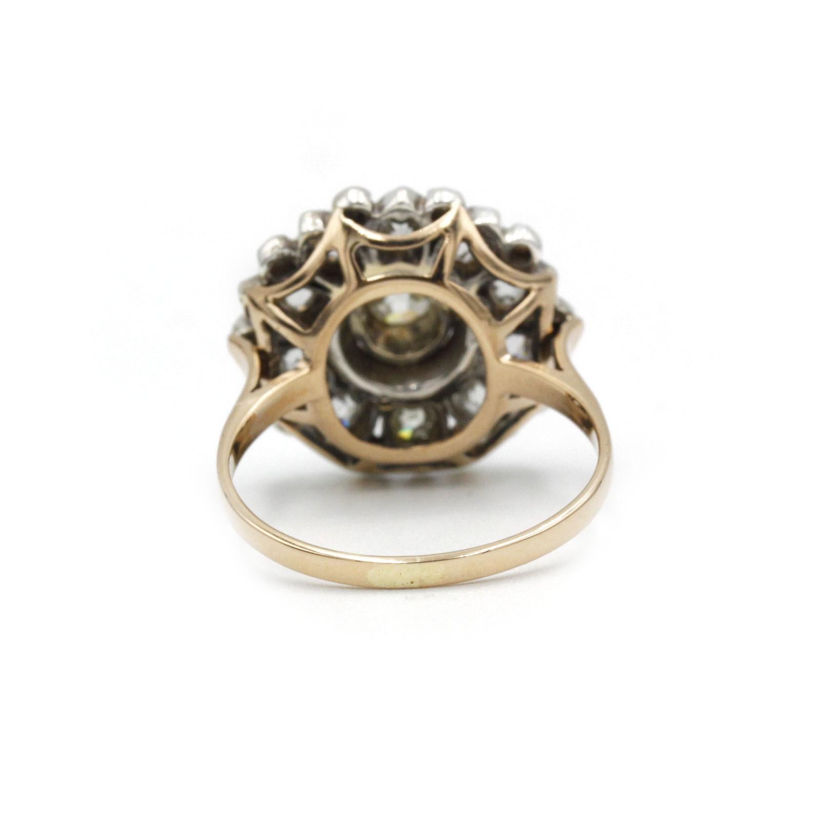 Women's Edwardian 18K Yellow Gold Old European–Cut Diamond Floral Cluster Ring For Sale