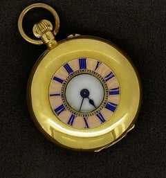 Edwardian 18K Yellow Gold Pink Guilloche Enamel Half-Hunter Ladies' Pocket Watch