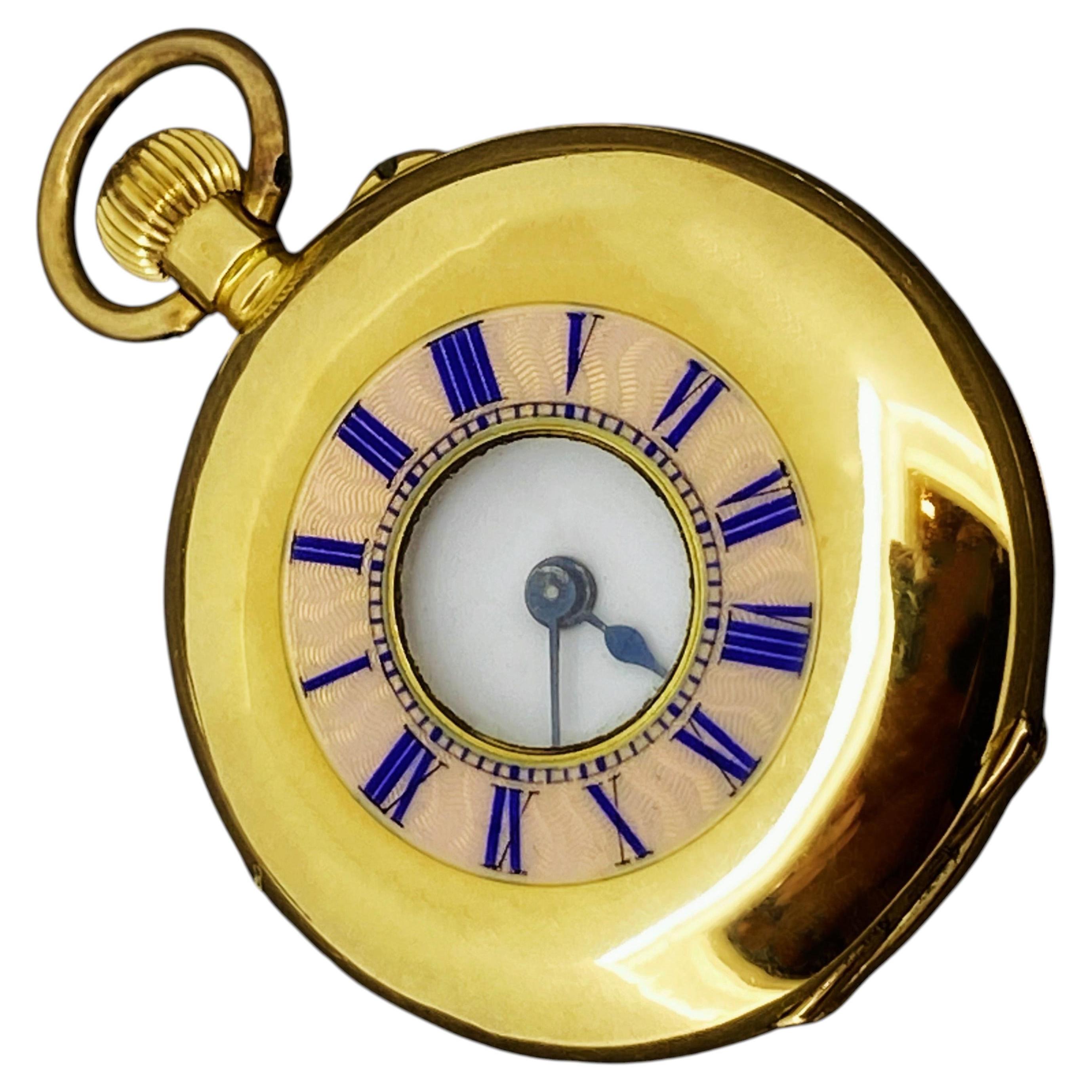 Edwardian 18K Yellow Gold Pink Guilloche Enamel Half-Hunter Ladies' Pocket Watch For Sale