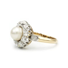 Edwardian 18K Yellow Gold & Platinum Pearl and Diamond Halo Cluster Ring