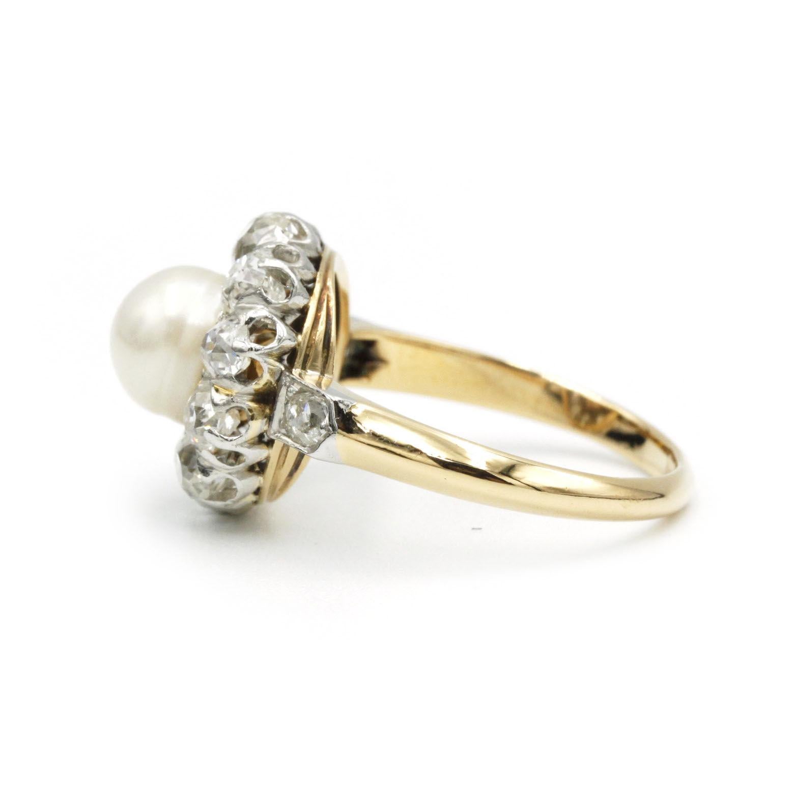 Old European Cut Edwardian 18K Yellow Gold & Platinum Pearl and Diamond Halo Cluster Ring For Sale