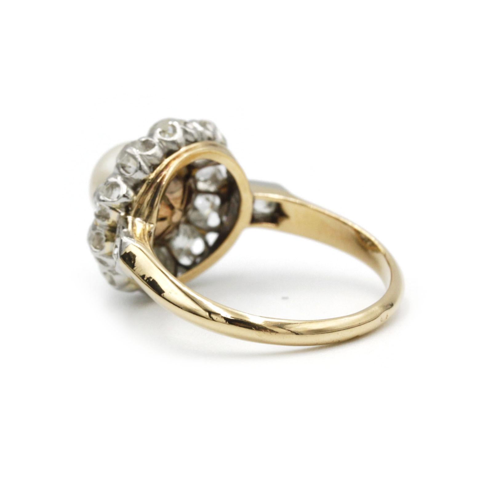 Edwardian 18K Yellow Gold & Platinum Pearl and Diamond Halo Cluster Ring For Sale 1