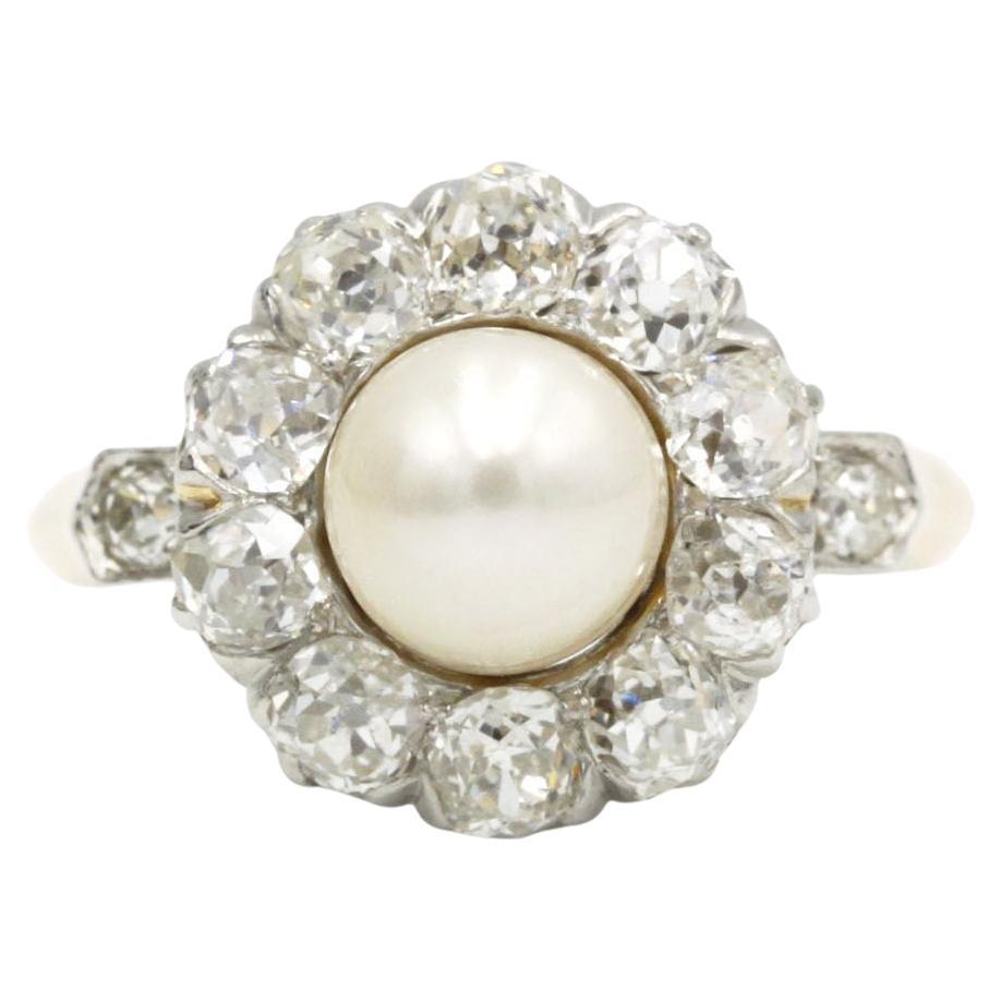 Edwardian 18K Yellow Gold & Platinum Pearl and Diamond Halo Cluster Ring