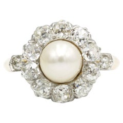 Edwardian 18K Yellow Gold & Platinum Pearl and Diamond Halo Cluster Ring