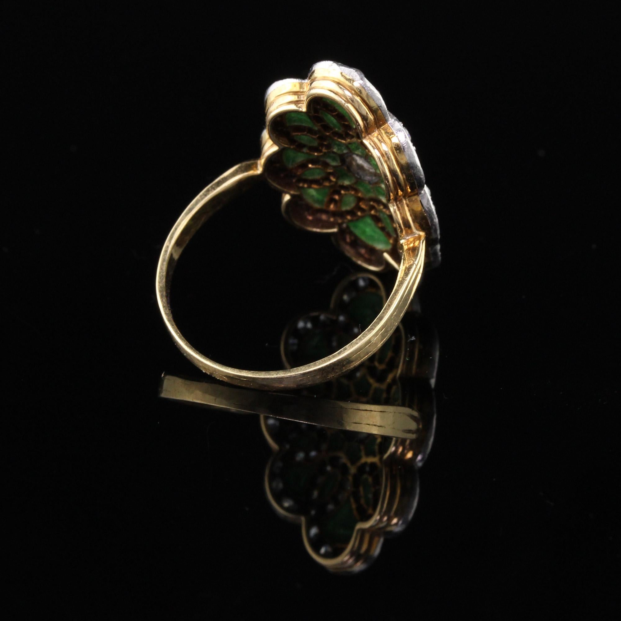 Edwardian 18 Karat Gold Platinum Plique-à-Jour Enamel and Diamond Shield Ring In Good Condition In Great Neck, NY