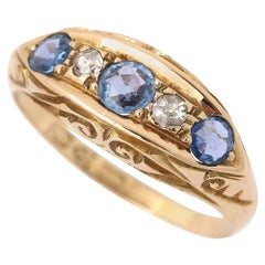 Edwardian 18k Yellow Gold Sapphire and Diamond Five Stone Gypsy Ring, circa 1917