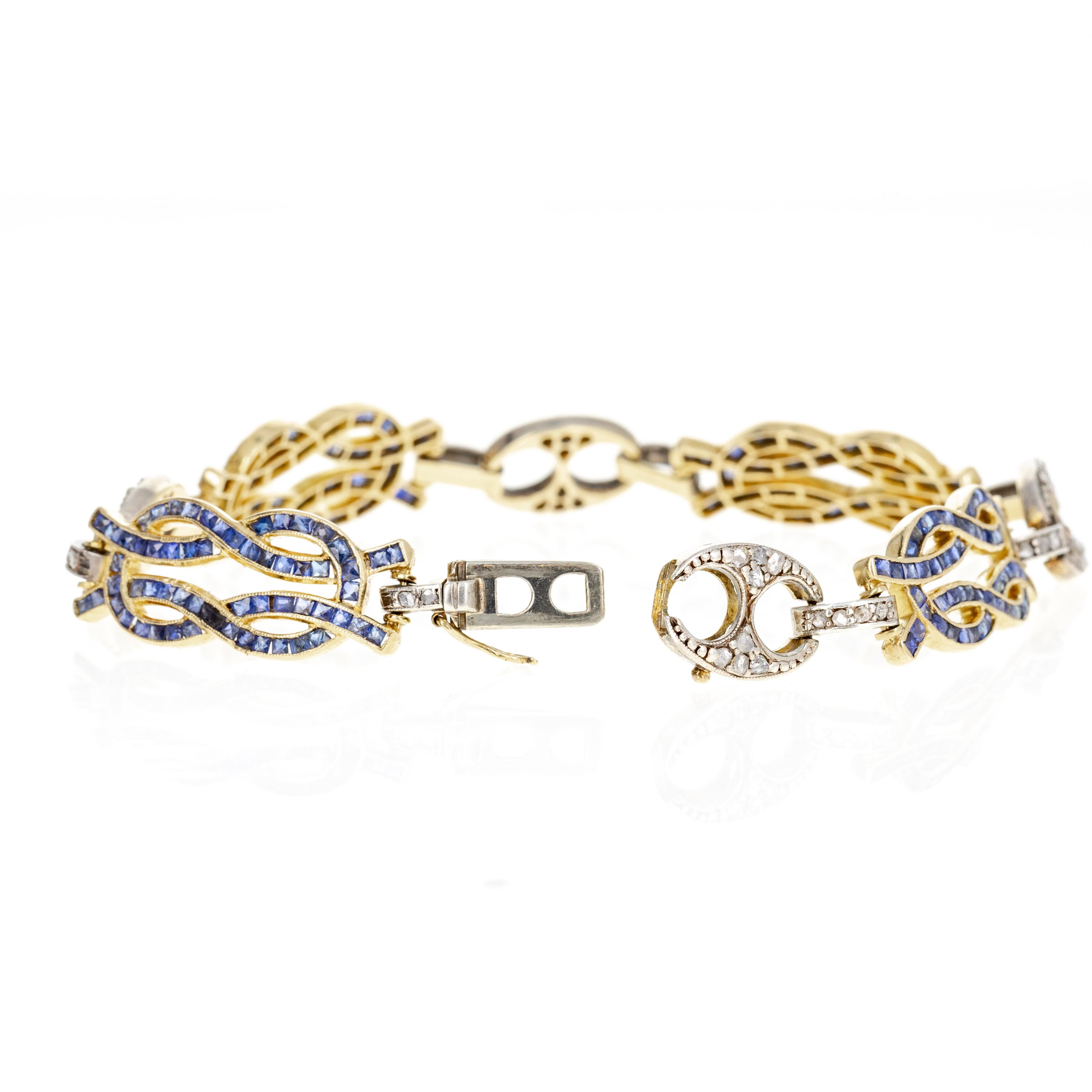 Rose Cut Edwardian 18K Yellow Gold & Sterling Silver 5 Carat Sapphire Diamond Bracelet For Sale