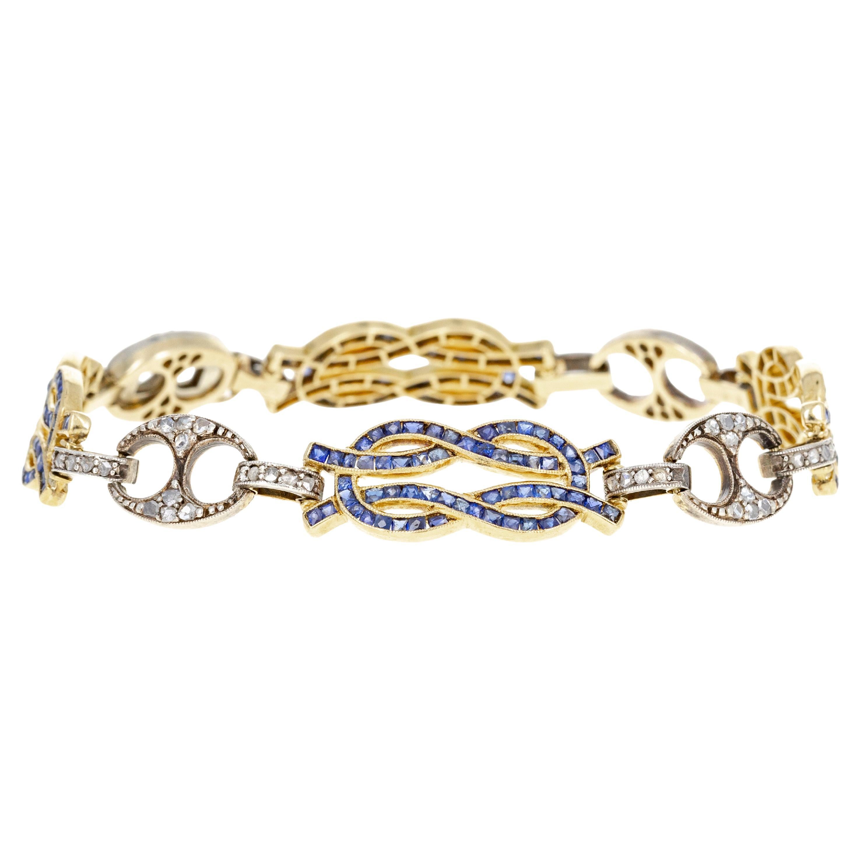 Edwardian 18K Yellow Gold & Sterling Silver 5 Carat Sapphire Diamond Bracelet For Sale