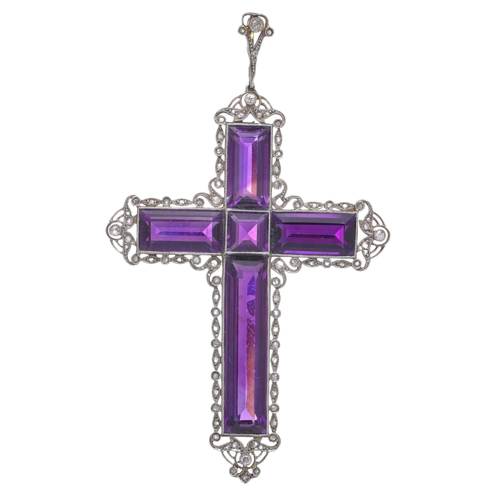 Pendentif croix en améthyste en or et argent 18KT de l'époque édouardienne
