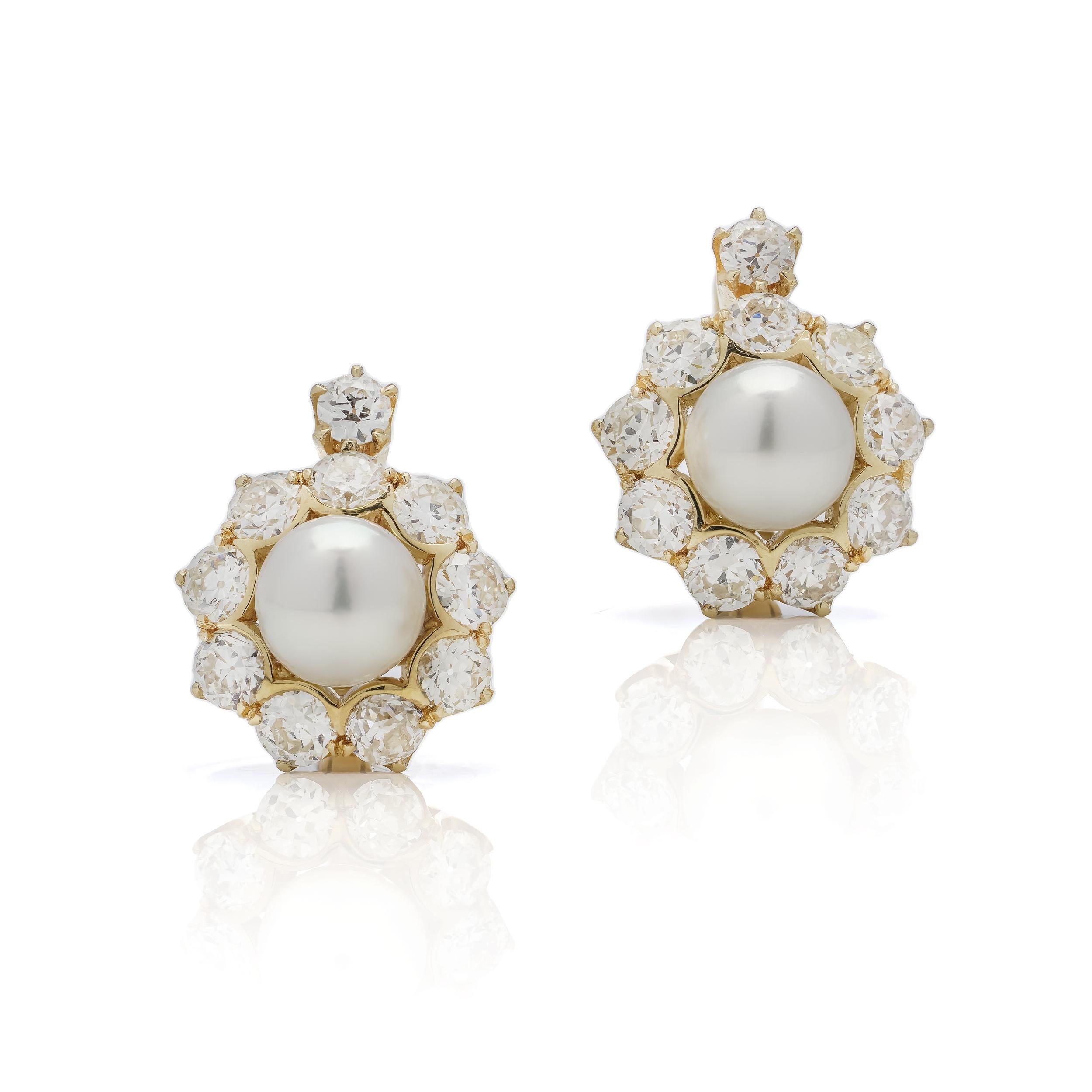 Women's Edwardian 18kt Gold Clip-On Earrings with Cultured Saltwater Pearls and Diamonds For Sale