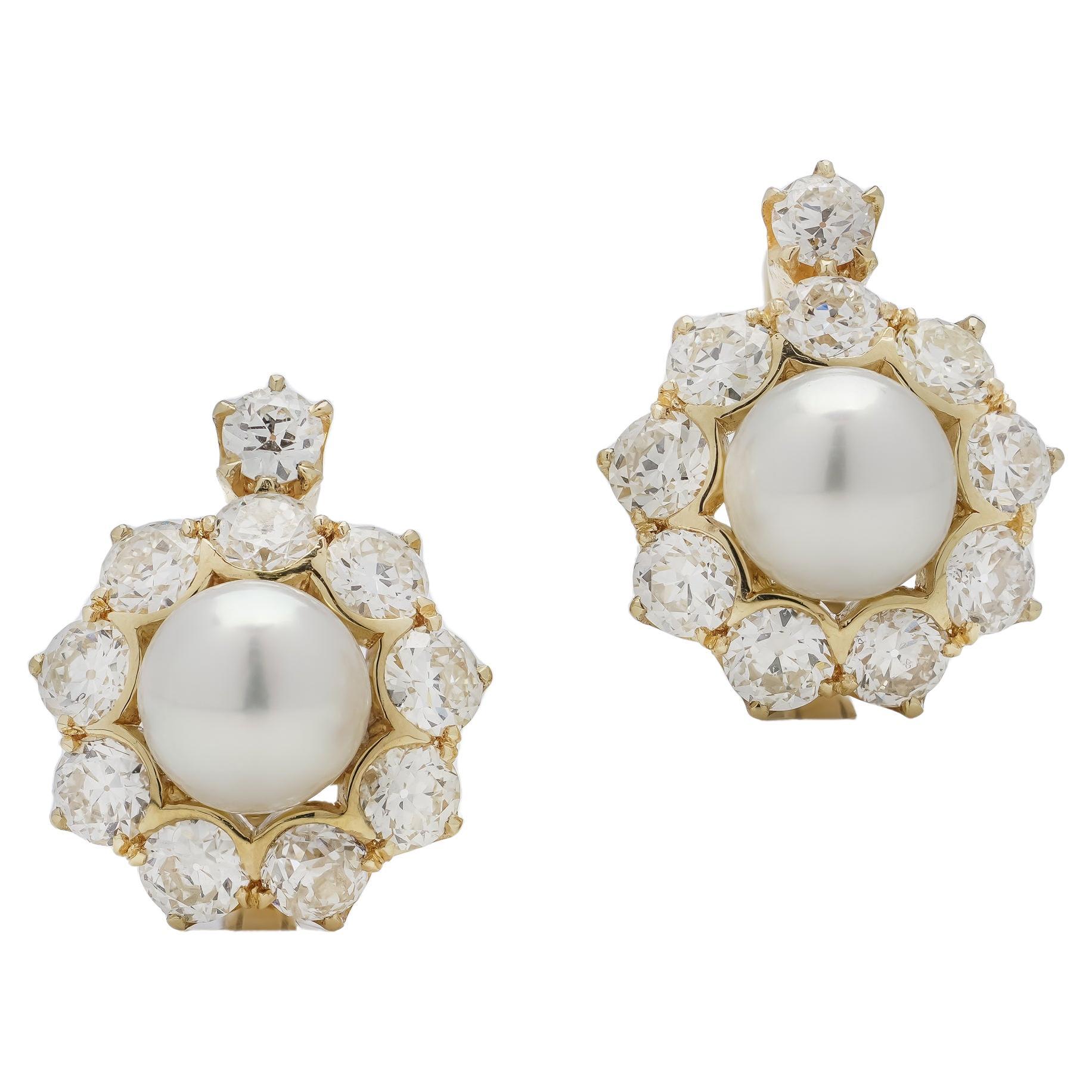 Edwardian 18kt Gold Clip-On Earrings with Cultured Saltwater Pearls and Diamonds For Sale