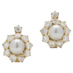 Edwardian 18kt Gold Clip-On Earrings with Cultured Saltwater Pearls and Diamonds