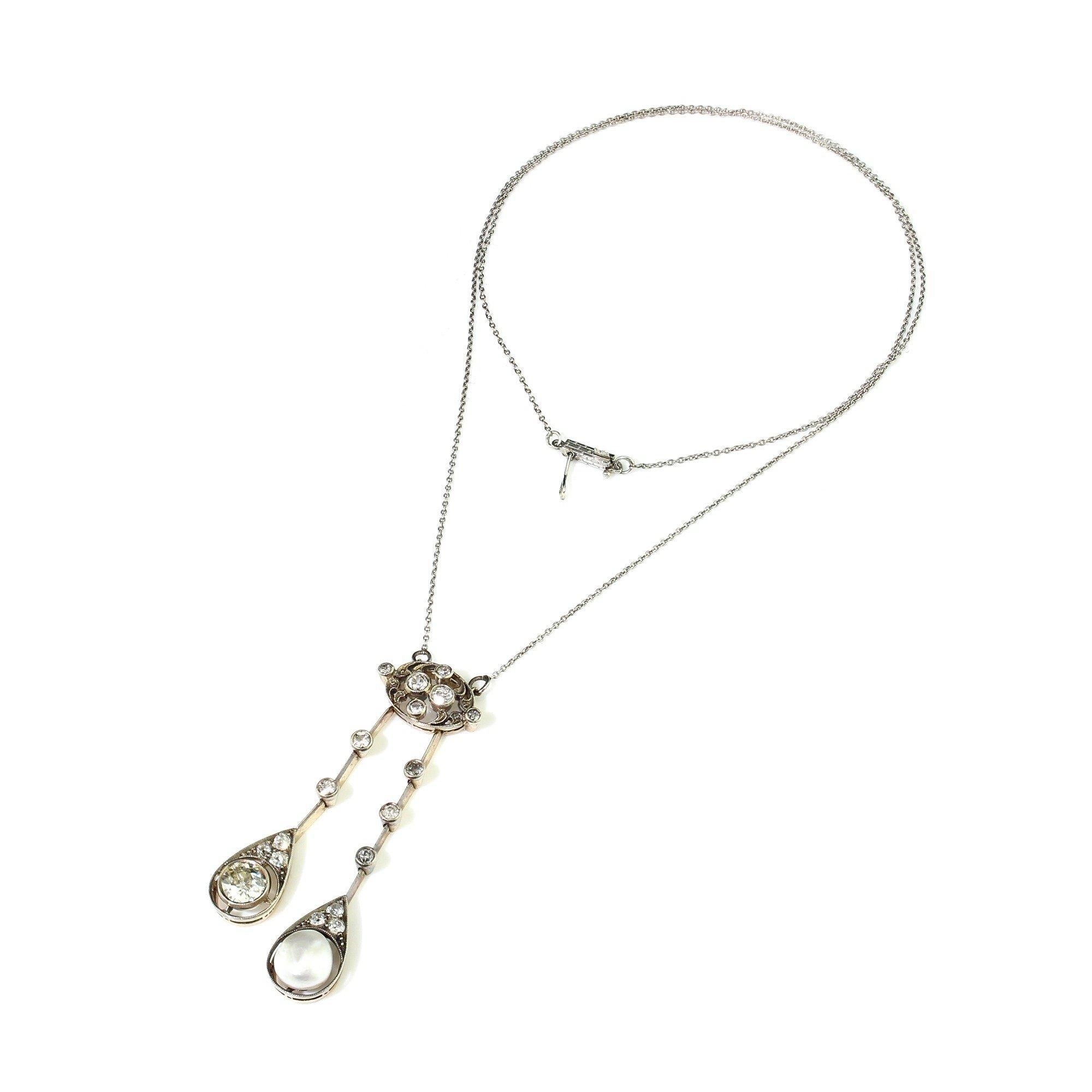 Old Mine Cut Edwardian 18kt gold necklace, featuring a stunning diamond and pearl pendant.  For Sale
