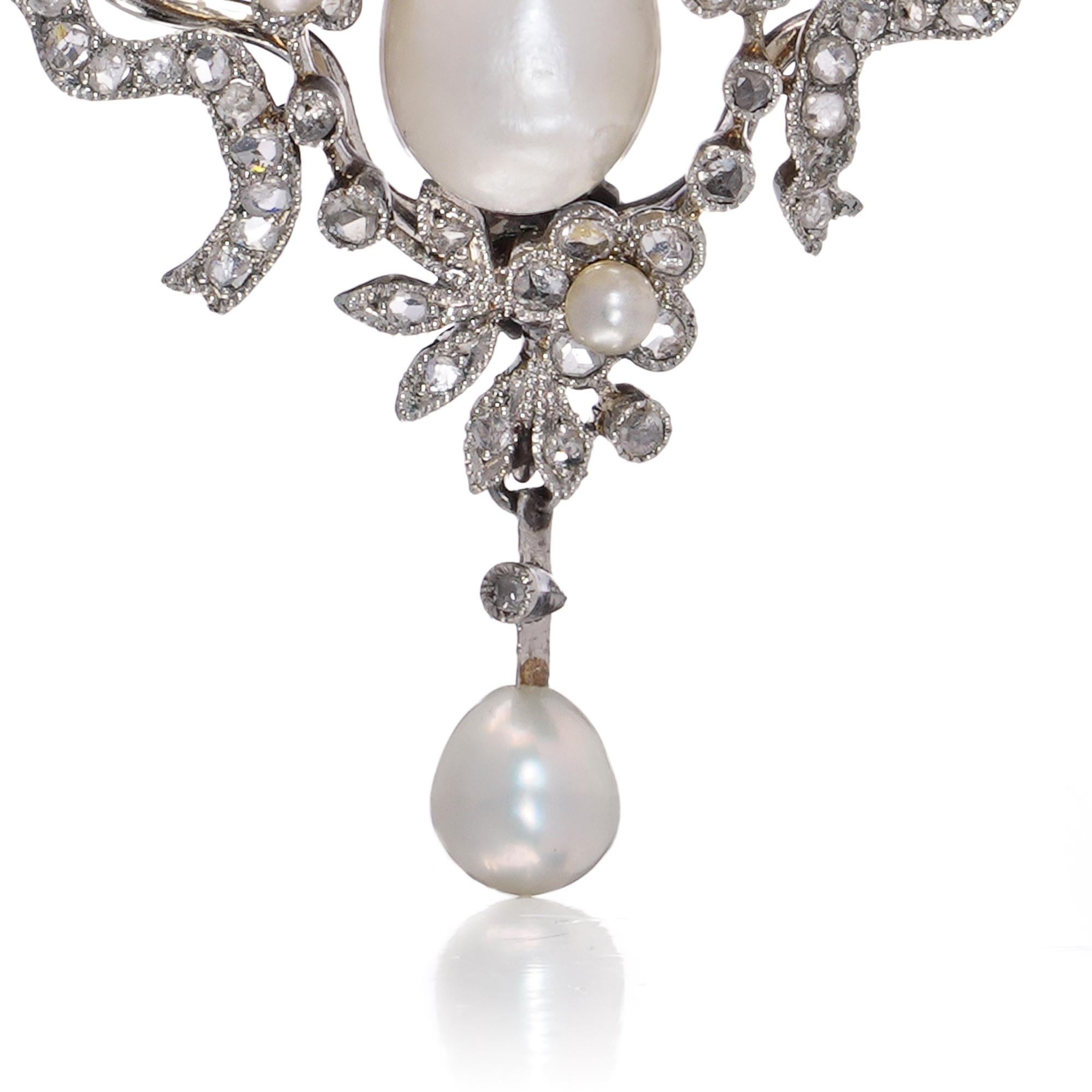 Edwardian 18kt Gold & Platinum Bow Brooch with Natural Pearls & Diamonds For Sale 3