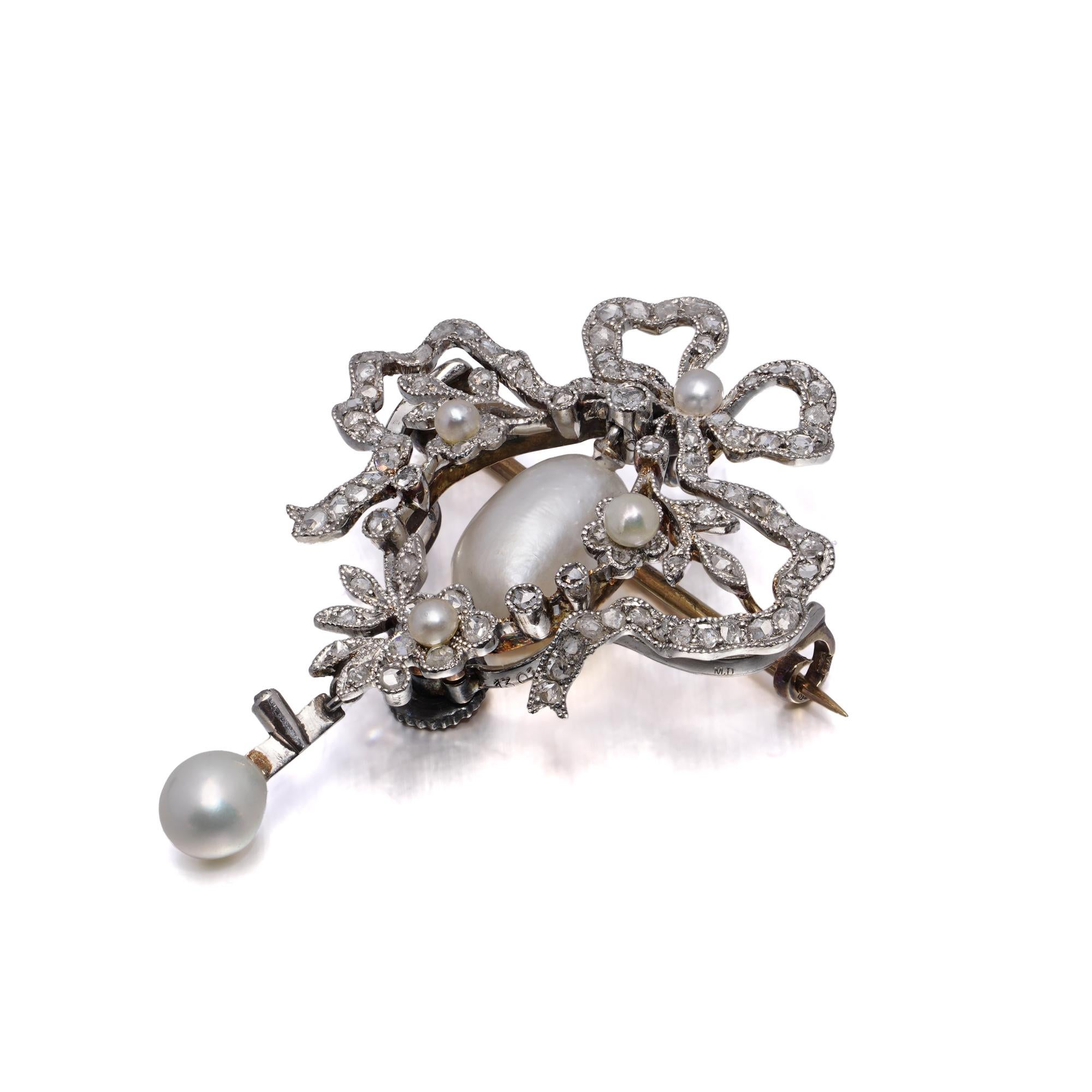 Edwardian 18kt Gold & Platinum Bow Brooch with Natural Pearls & Diamonds For Sale 4