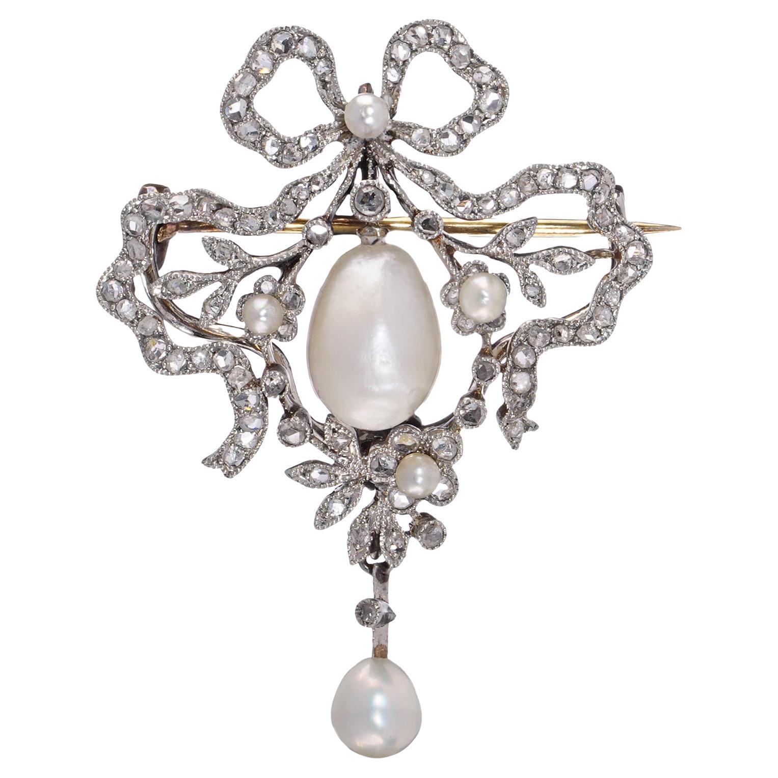 Edwardian 18kt Gold & Platinum Bow Brooch with Natural Pearls & Diamonds