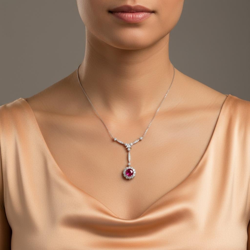 Circa 1900s, this exquisite Edwardian necklace is masterfully crafted from 18kt yellow gold with platinum on top, capturing the refined elegance of the era. The pendant features a vibrant round-cut synthetic ruby of approximately 3.50 carats at its