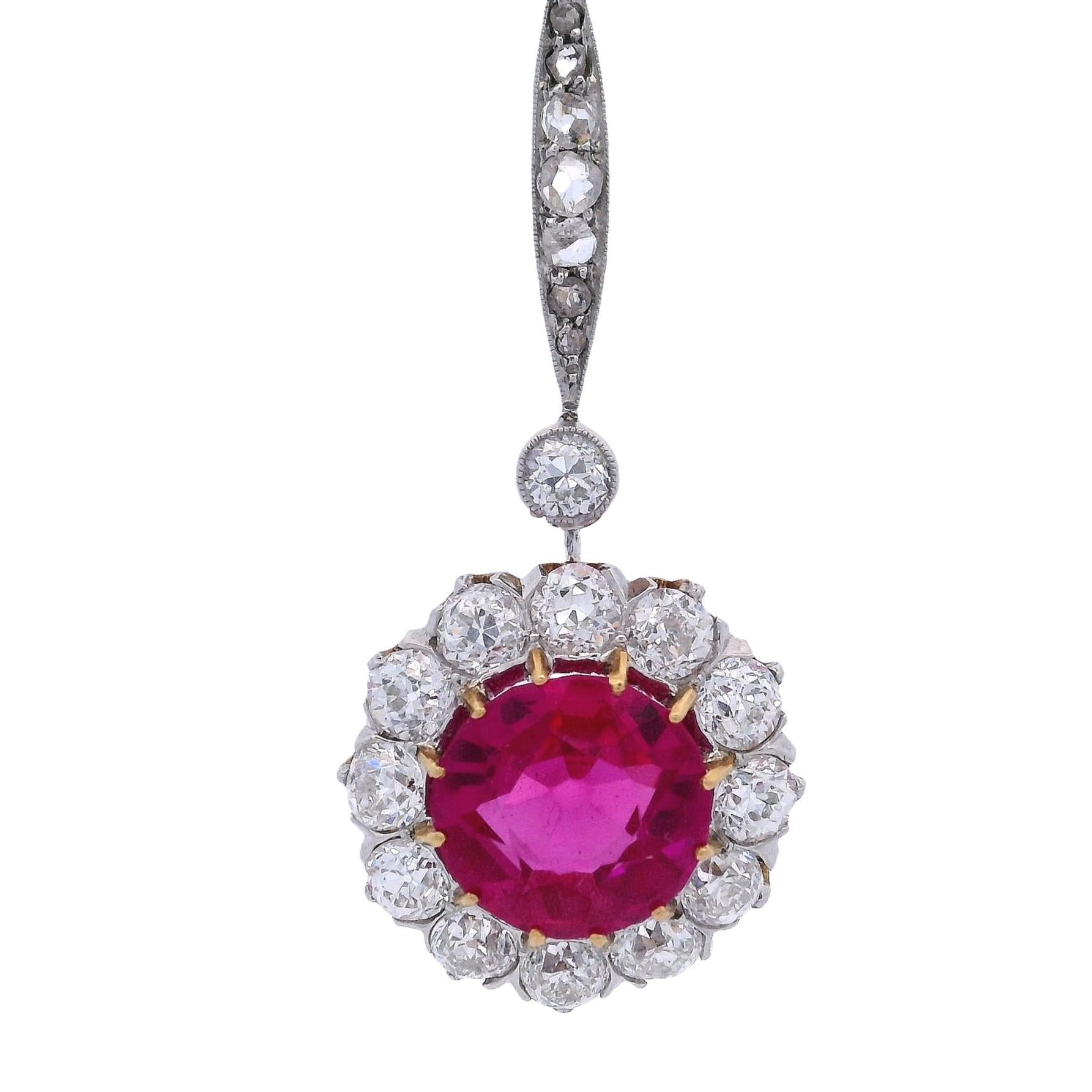 Taglio vecchia miniera Edwardian 18kt Gold & Platinum Necklace with Diamonds and synthetic Ruby in vendita
