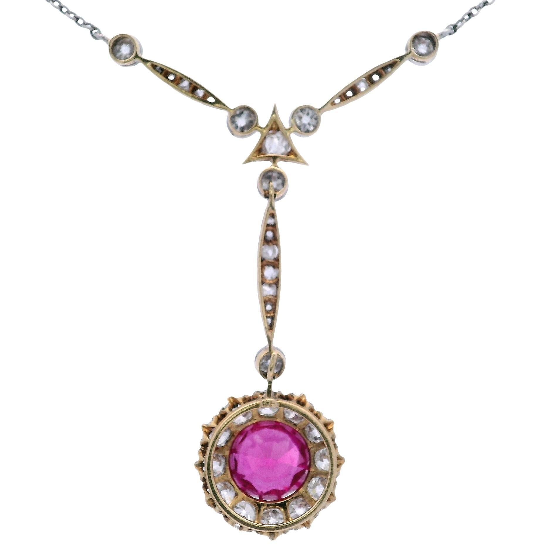 da uomo o donna Edwardian 18kt Gold & Platinum Necklace with Diamonds and synthetic Ruby in vendita