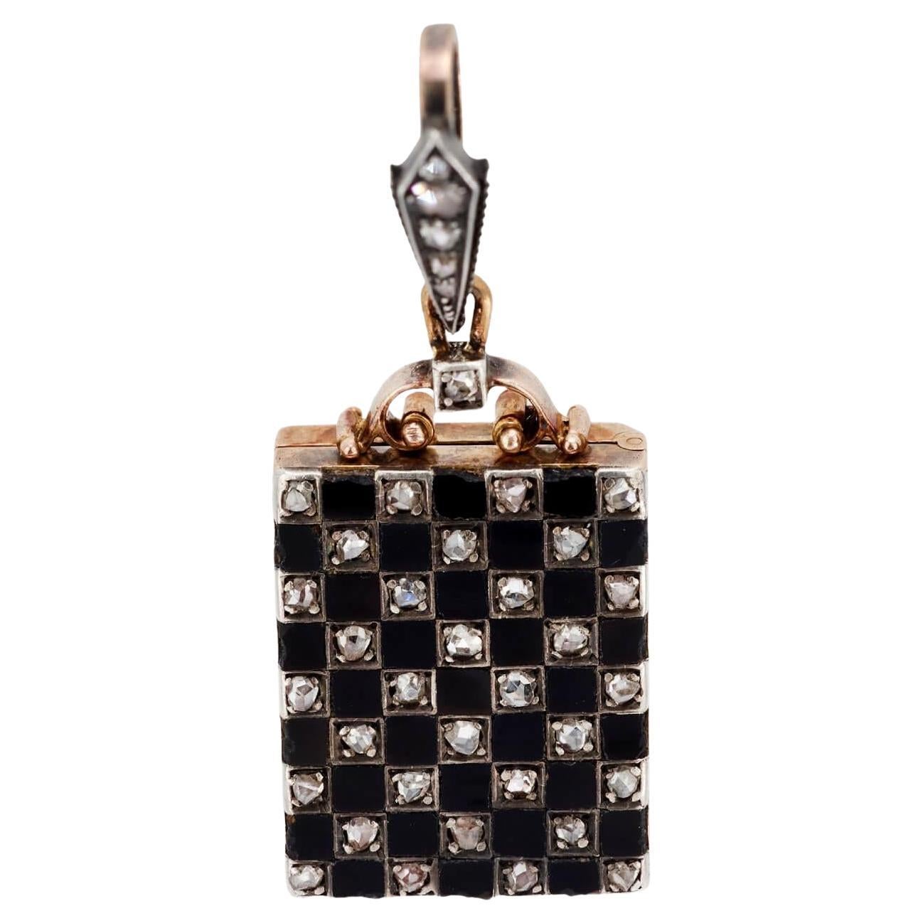 Edwardian 18kt Platinum Onyx & Diamond Checkerboard Locket