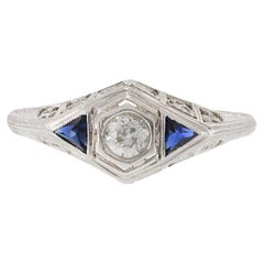 Antique Edwardian 18KT & Platinum Top Filigree Diamond and Sapphire Ring